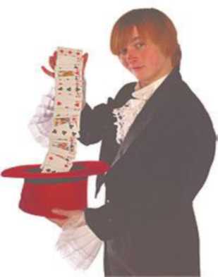 A boy pulls cards out of a top hat.