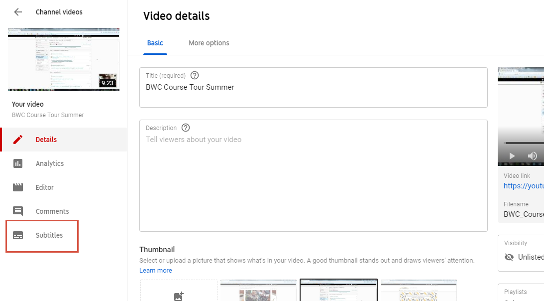 The YouTube video editing page. Subtitles is highlighted.
