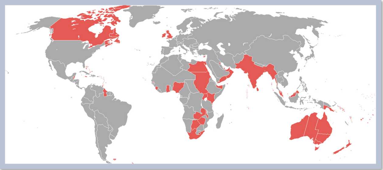 A world map with parts of the Americas, parts of Africa, parts of Europe, and Australia shaded in red. 