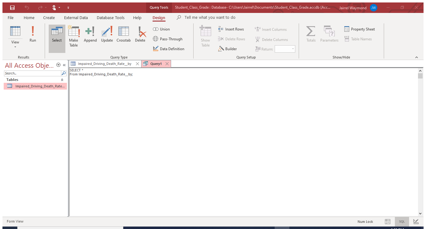 Access - Student_Class_Grade : Database- C:\Users\Jairrel\Documents\Student_Class_Grade.accdb (Access 2007 - 2016 file format)