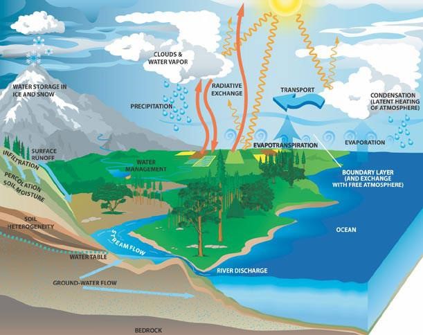 The water cycle at the global scale showing water moving through all the major reservoirs, including the ocean reservoir 