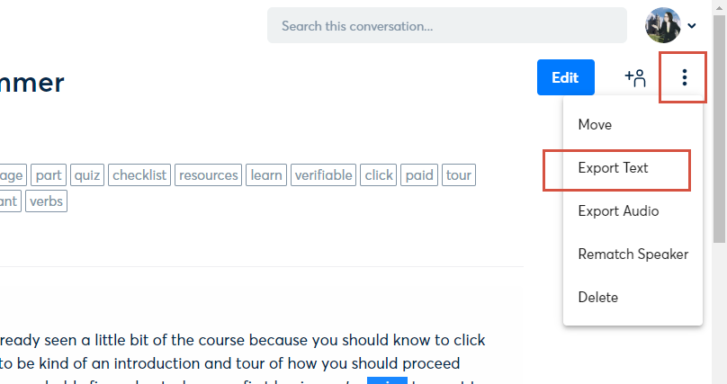 The Otter transcription page. The menu button and Export Text are highlighted.