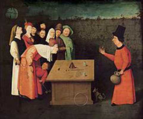 A painting of a man behind a table and people on the other side of the table watching the man.