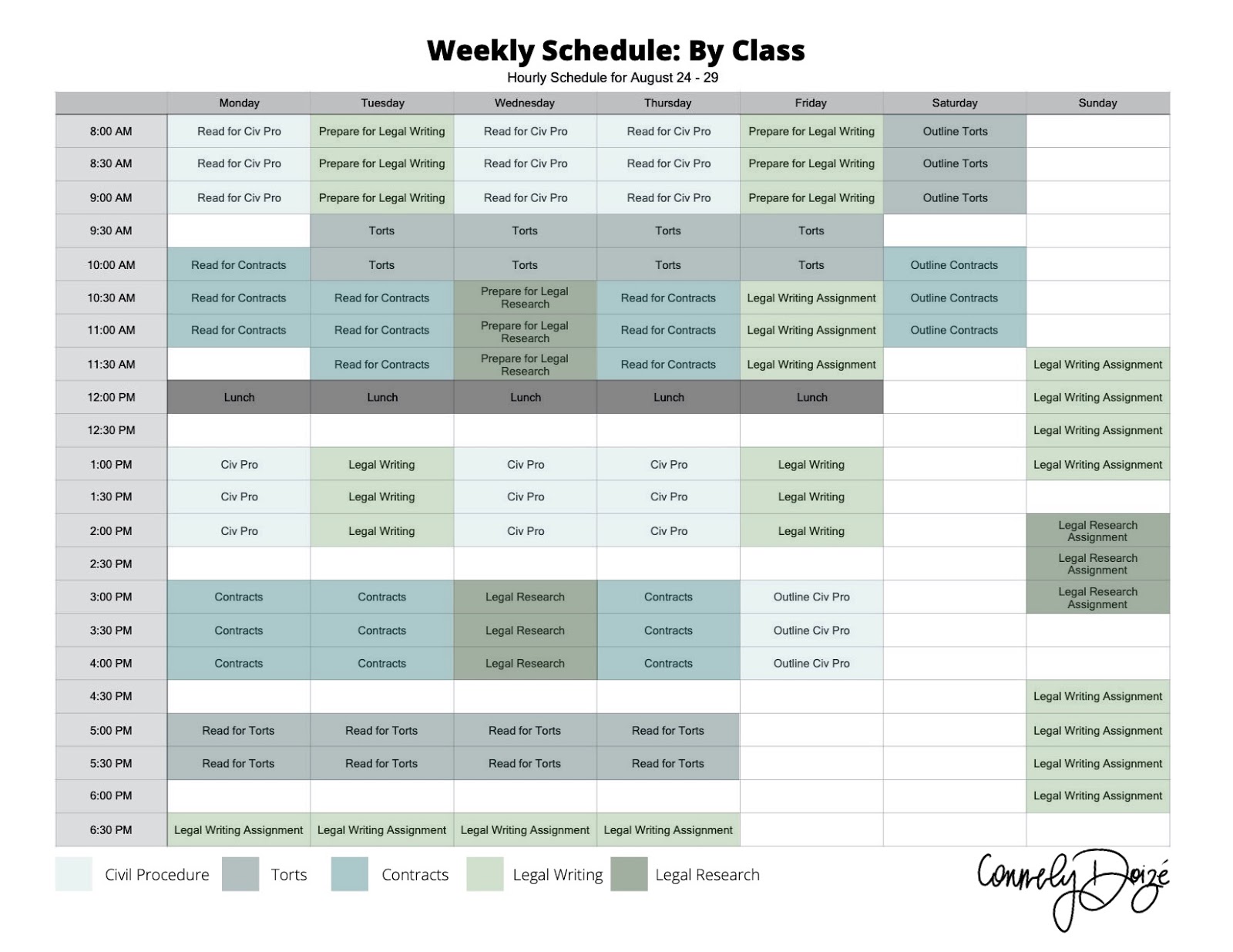 Color coded schedule broken down in thirty minute increments. Time is chunked by class.