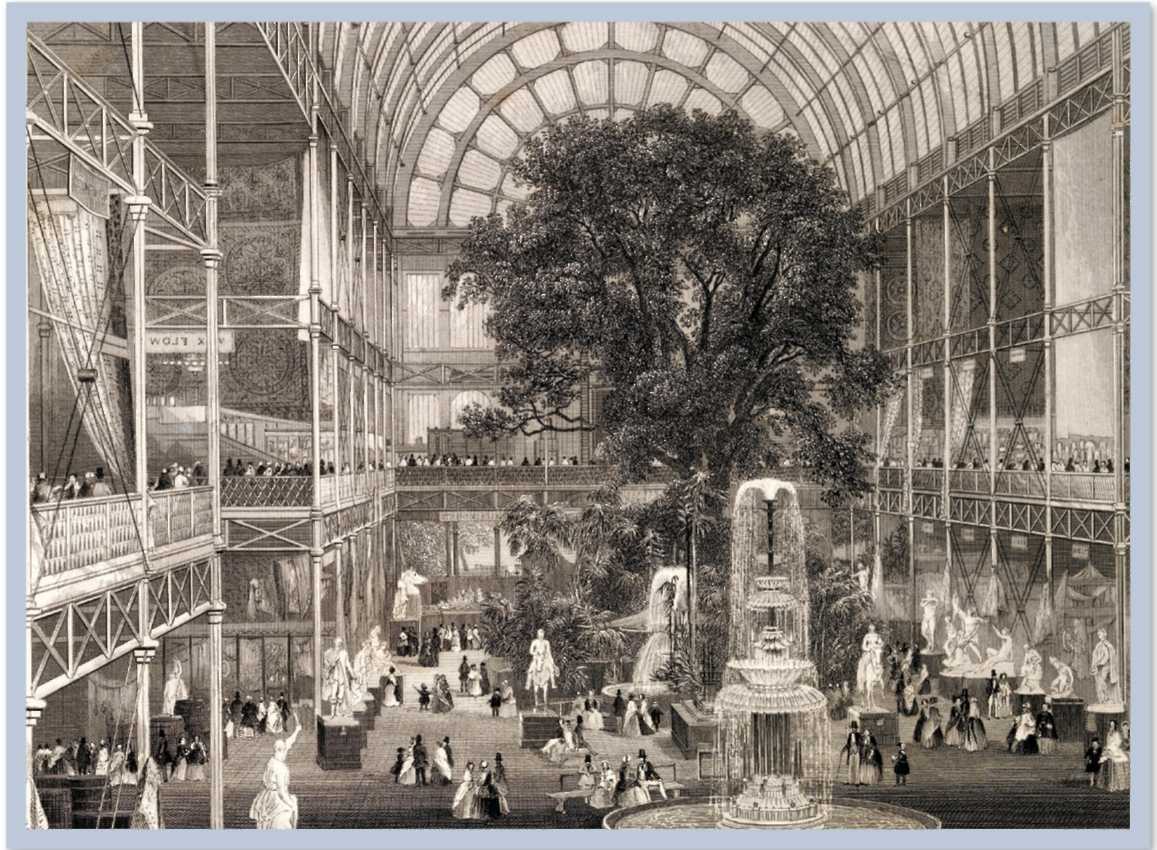 A palace with high arched ceilings and windows. Several people are walking inside the palace. There is a large water fountain in the center.