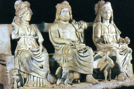 The Capitoline Triad, Jupiter Optimus Maximus, with Juno and Minerva. Note Juno’s sacred goose at her foot, and Minerva’s sacred owl next to her.