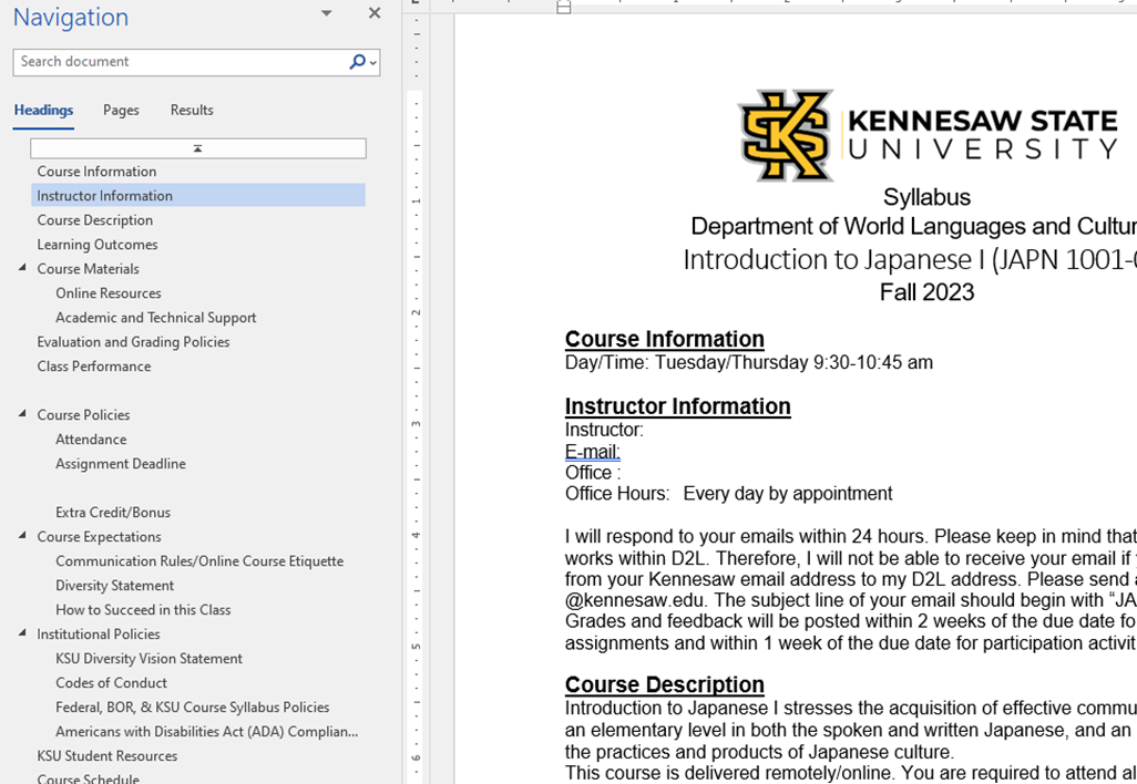 Headings as they appear in the "Navigation" panel in Microsoft Word.