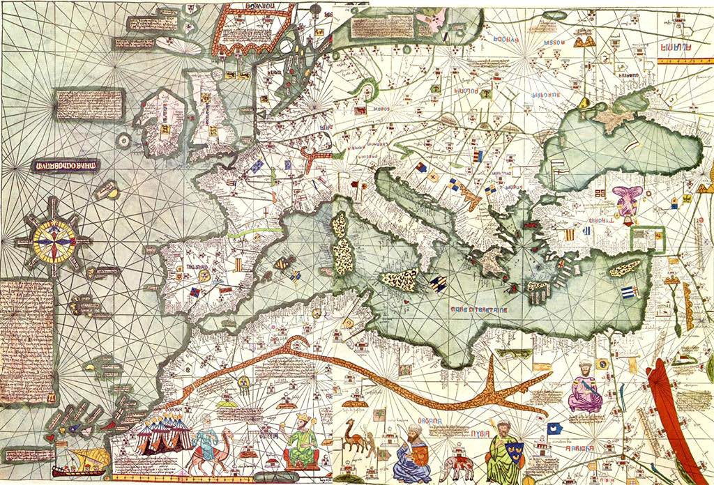 Map 12.12 | A Portolan Map of Europe and Africa from 1375 CE | Note the depiction of Mansa Musa holding a gold nugget on the bottom of the map and the Azores and Canaries on the bottom left