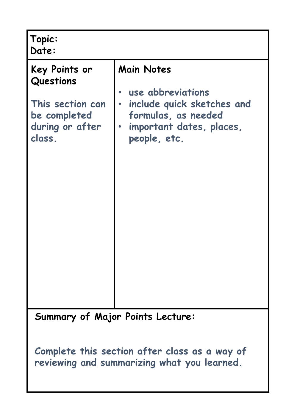 Cornell Method of Notetaking example as described.