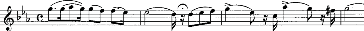 Musical notation of The introductory four-bar phrase played by the violin one forms the basis for the following three phrases to bar sixteen, most of the music being played on muted strings. 