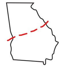 An outline map of Georgia depicting the fall line stretching diagonally across roughly the middle of the state with a slight northeasterly curve.