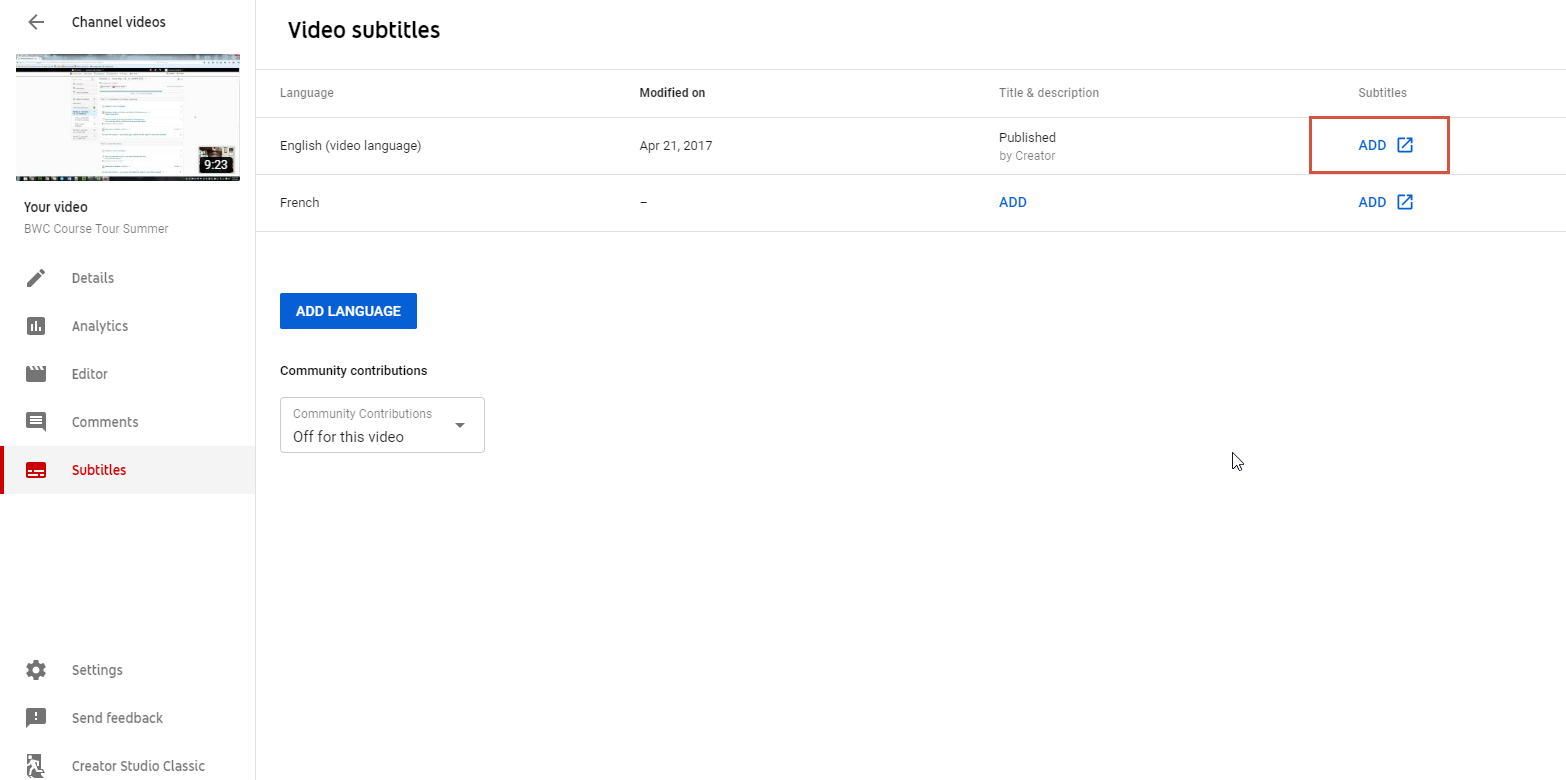 The YouTube subtitles page. The add button next to the English captions option is highlighted.