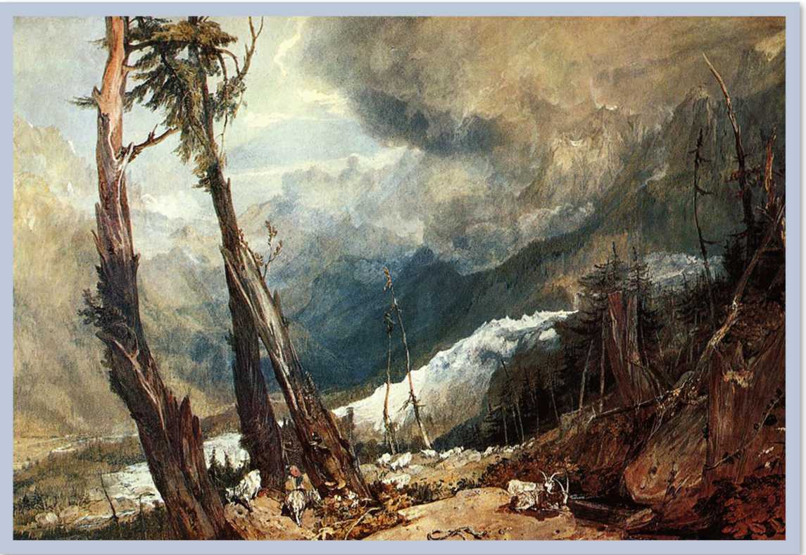 A bed of ice in a land of dead trees and several clouds.