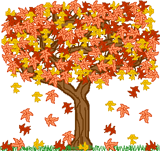 Clip art of an oak tree with red and gold leaves, some of which are falling. 