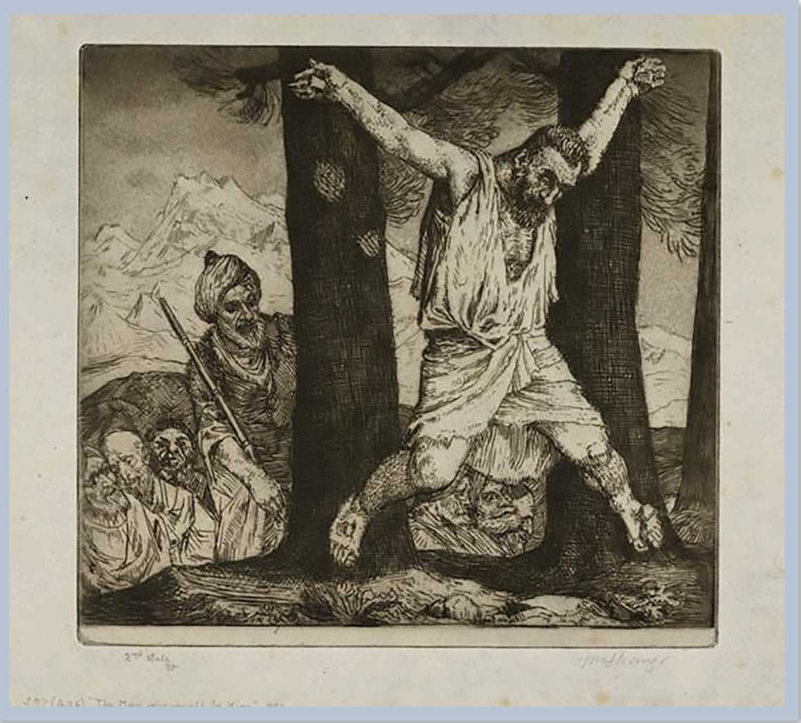 A man nailed to two trees with several people behind him looking.