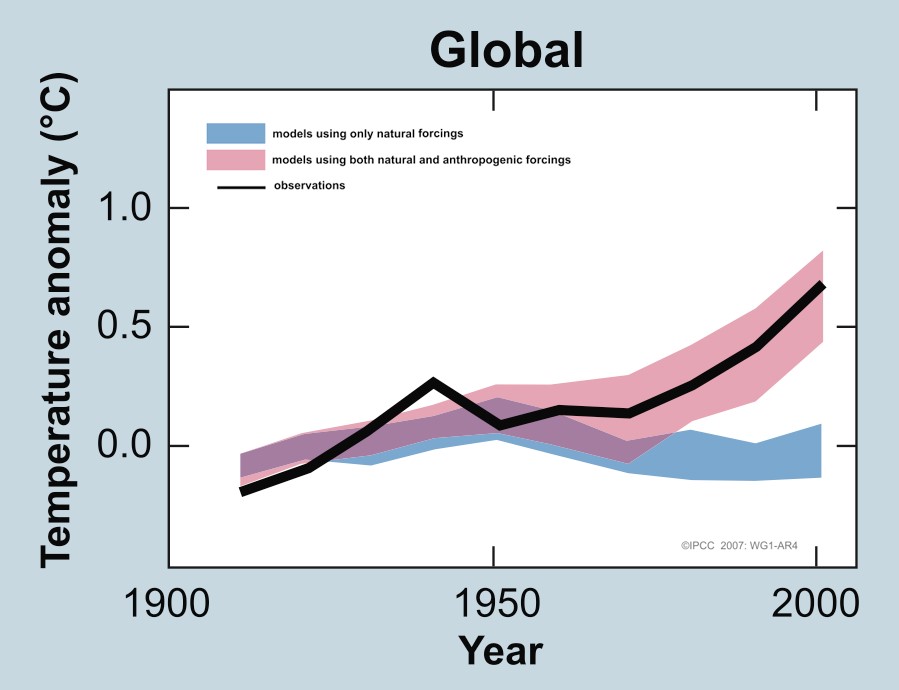 chart of observed and modeled average global temperatures. The model that includes both natural and anthropogenic forcings matches observations more closely than the model that uses natural forcings only.