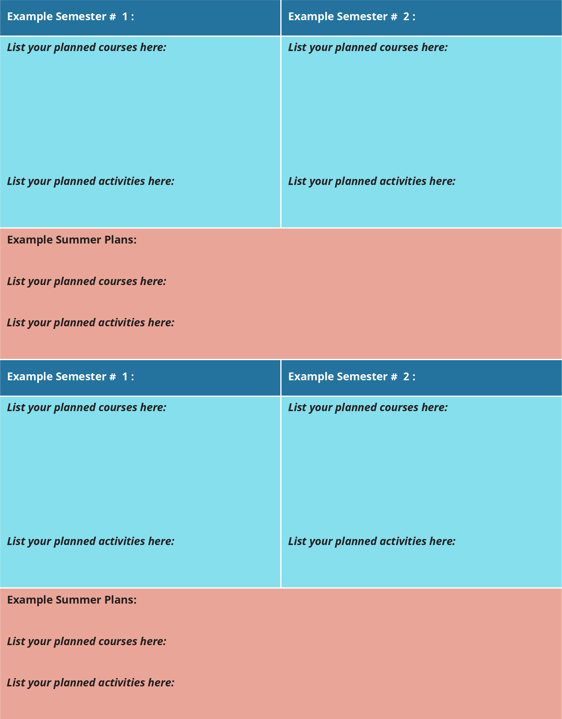 A template of a sample grid diagram shows students’ planning for different semesters, including planned activities, summer plans, and planned courses.