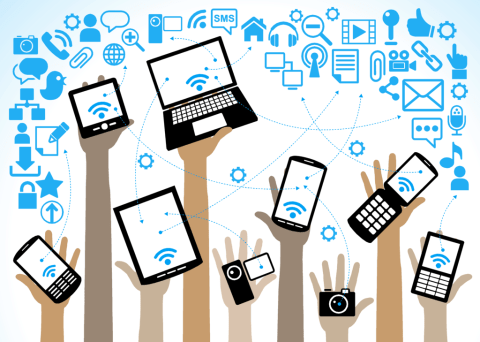 clip art of hands holding up technological devices