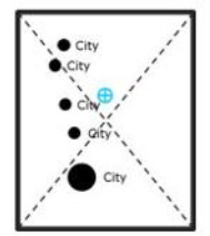 a map in which the focus of the cities is to the left