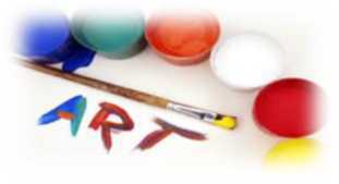 An image of paint colors, a paintbrush, and the painted word art.