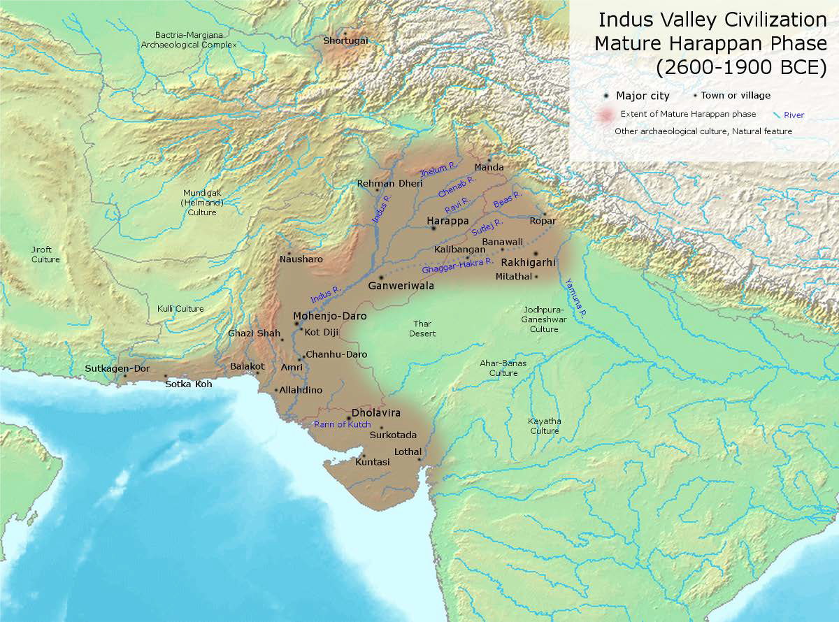 Map of important Indus Valley (Harappan) Civilization cities and towns during its most developed period.