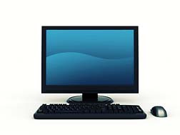 a computer monitor with keyboard and mouse