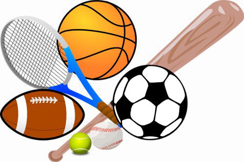 Clip art of a variety of sporting equipment including a soccer ball and a baseball bat.