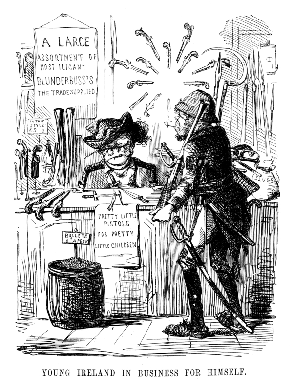 A political cartoon captioned "YOUNG IRELAND IN BUISNESS FOR HIMSELF." The image shows a shopkeeper seated behind a counter and a man at the counter. A significant number of firearms as well as ammunition and some cutting implements are on display. 