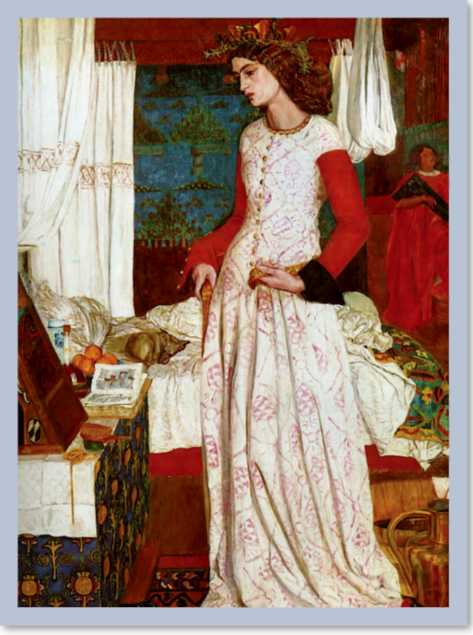 A woman in a long dress is standing near a bed.