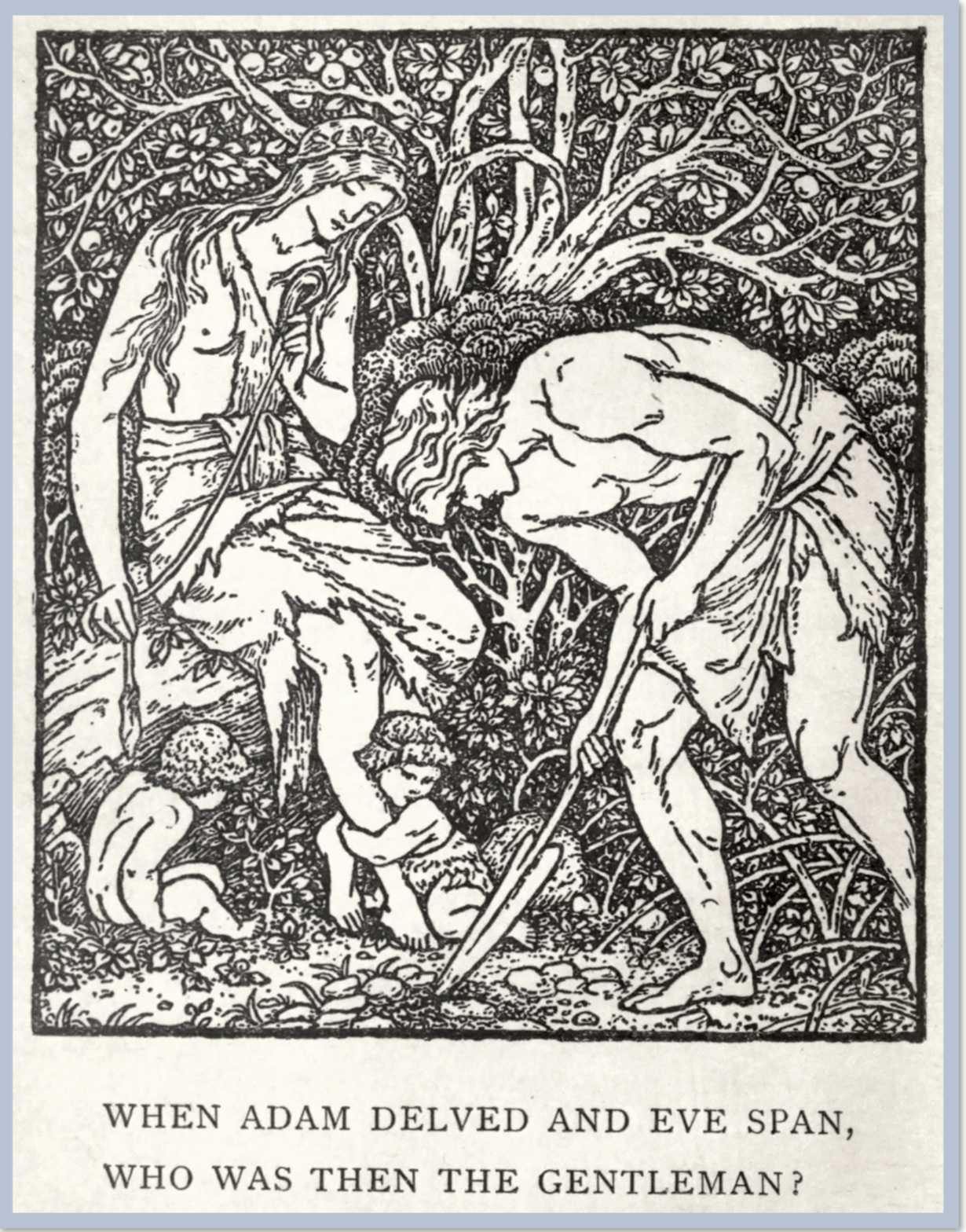 A man digs in the ground while a woman is near and watches. Two children are at the woman's feet.