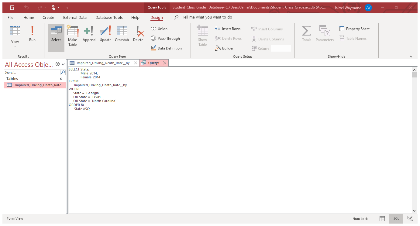 Access - Student_Class_Grade : Database- C:\Users\Jairrel\Documents\Student_Class_Grade.accdb (Access 2007 - 2016 file format)