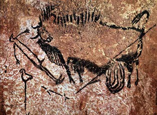 Cave painting of Bull, Bird, and Human from Lascaux Cave.