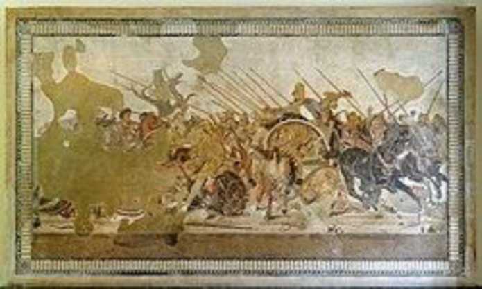 A painting of war horses in a war. Men hold their swords upwards.