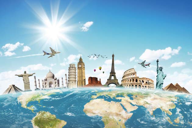 Artwork of the surface of the earth with oversized travel destinations