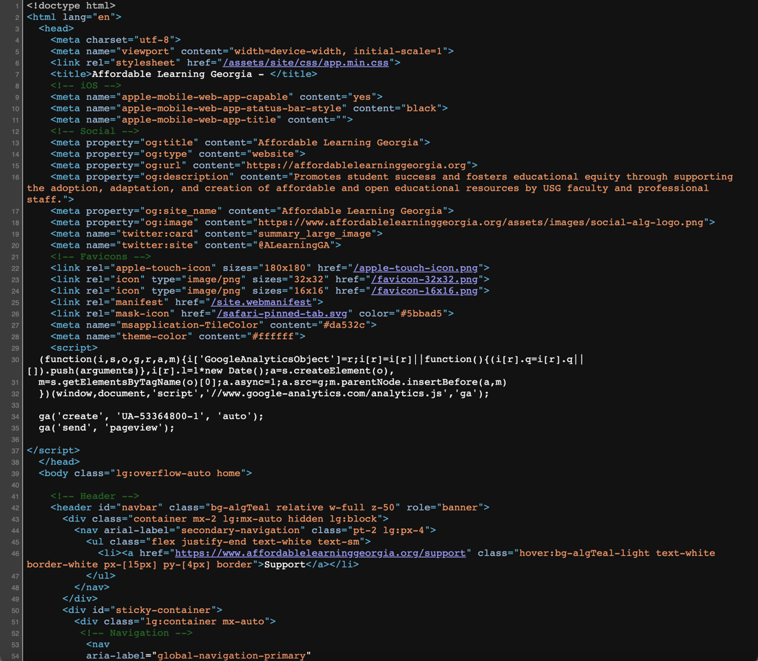 HTML source code for the Affordable Learning Georgia homepage.