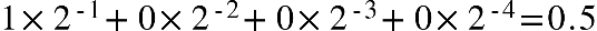 1 cross times 2 to the power of short dash 1 end exponent plus 0 cross times 2 to the power of short dash 2 end exponent plus 0 cross times 2 to the power of short dash 3 end exponent plus 0 cross times 2 to the power of short dash 4 end exponent equals 0.5