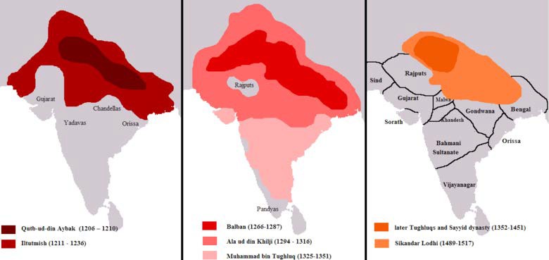 Map of the Delhi Sultanate, showing territorial changes over the course of three centuries and a series of ruling dynasties and their most important rulers