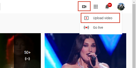 The YouTube homepage. The add video icon in the top right corner of the page is highlighted and the upload video button is highlighted.