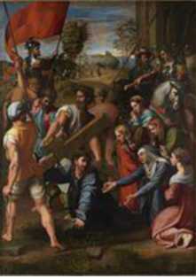 A painting of the carrying of the cross. Men and woman stand and kneel around a cross being carried.