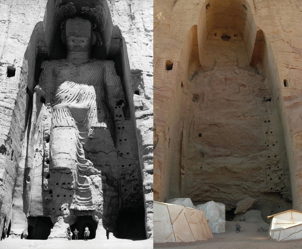 The taller Buddha of Bamiyan before (left) and after destruction (right). 