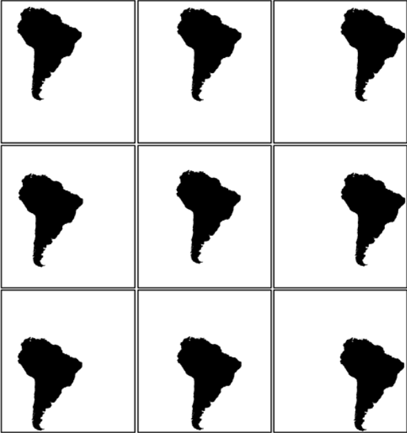 9 silouhettes of south america, each placed in a different spot on a white background