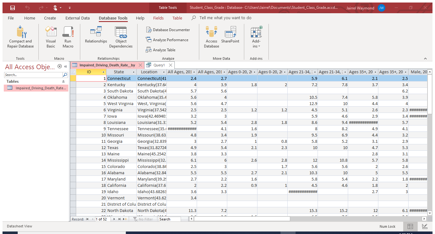 Access - Student_Class_Grade : Database- C:\Users\Jairrel\Documents\Student_Class_Grade.accdb (Access 2007 - 2016 file format)
