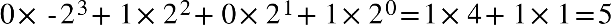 0 cross times short dash 2 cubed plus 1 cross times 2 squared plus 0 cross times 2 to the power of 1 plus 1 cross times 2 to the power of 0 equals 1 cross times 4 plus 1 cross times 1 equals 5