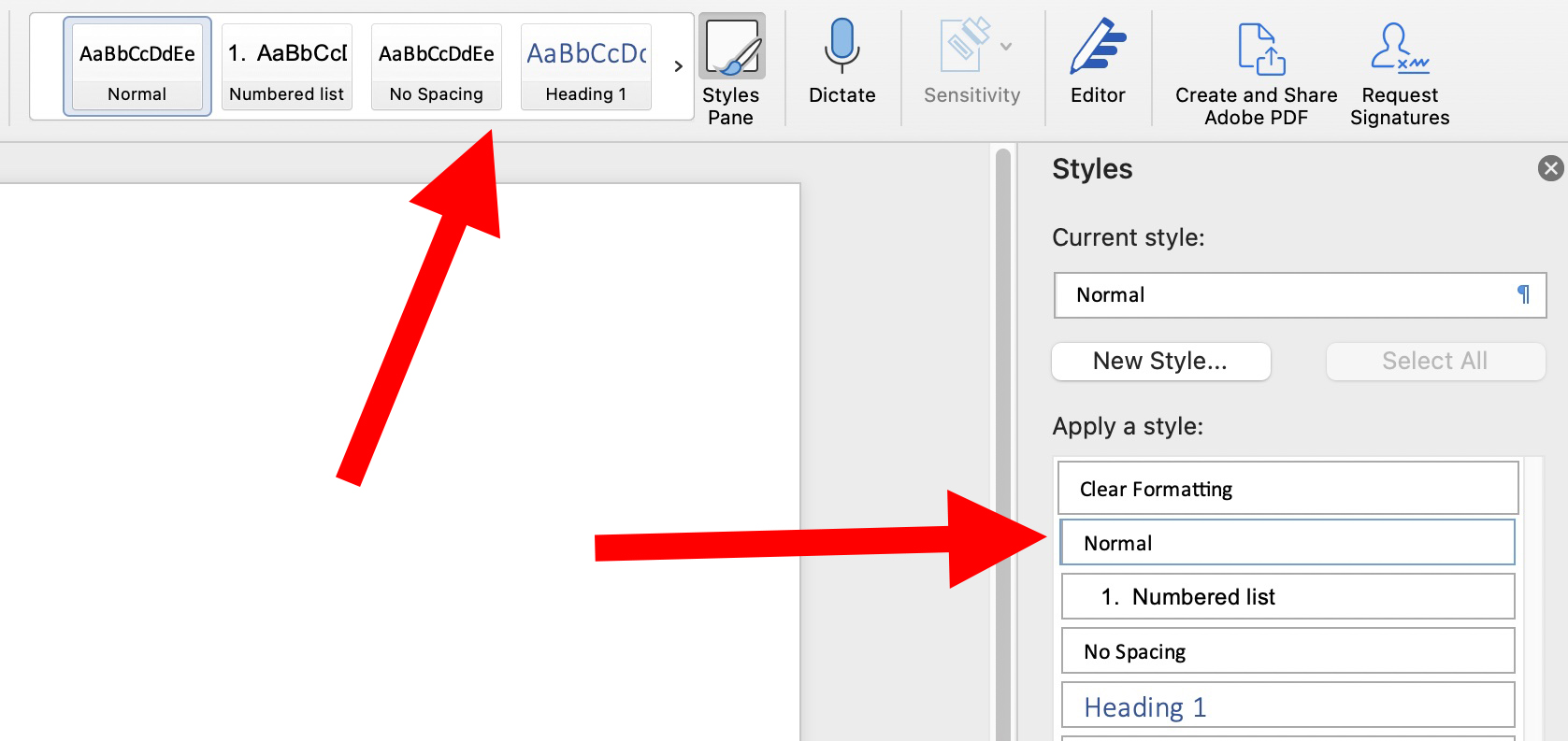 MS Word Home Toolbar showing Styles Pane with red arrows pointing to styles in the Home Toolbar and the Styles Pane.