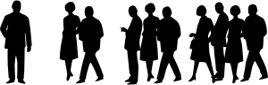 Silhouette of a man, with more and more silhouettes following him as he walks