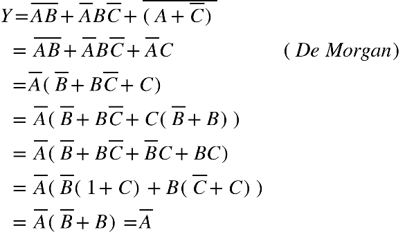 {"mathml":"<math style=\"font-family:stix;font-size:16px;\" xmlns=\"http://www.w3.org/1998/Math/MathML\"><mstyle mathsize=\"16px\"><mi>Y</mi><mo>=</mo><menclose notation=\"top\"><mi>A</mi></menclose><menclose notation=\"top\"><mi>B</mi></menclose><mo>+</mo><menclose notation=\"top\"><mi>A</mi></menclose><mi>B</mi><menclose notation=\"top\"><mi>C</mi></menclose><mo>+</mo><menclose notation=\"top\"><mfenced><mrow><mi>A</mi><mo>+</mo><menclose notation=\"top\"><mi>C</mi></menclose></mrow></mfenced></menclose><mspace linebreak=\"newline\"/><mo>&#xA0;</mo><mo>&#xA0;</mo><mo>=</mo><mo>&#xA0;</mo><menclose notation=\"top\"><mi>A</mi></menclose><menclose notation=\"top\"><mi>B</mi></menclose><mo>+</mo><menclose notation=\"top\"><mi>A</mi></menclose><mi>B</mi><menclose notation=\"top\"><mi>C</mi></menclose><mo>+</mo><menclose notation=\"top\"><mi>A</mi></menclose><mi>C</mi><mo>&#xA0;</mo><mo>&#xA0;</mo><mo>&#xA0;</mo><mo>&#xA0;</mo><mo>&#xA0;</mo><mo>&#xA0;</mo><mo>&#xA0;</mo><mo>&#xA0;</mo><mo>&#xA0;</mo><mo>&#xA0;</mo><mo>&#xA0;</mo><mo>&#xA0;</mo><mo>&#xA0;</mo><mo>&#xA0;</mo><mo>&#xA0;</mo><mo>&#xA0;</mo><mo>&#xA0;</mo><mo>&#xA0;</mo><mo>&#xA0;</mo><mo>&#xA0;</mo><mo>&#xA0;</mo><mfenced><mrow><mi>D</mi><mi>e</mi><mo>&#xA0;</mo><mi>M</mi><mi>o</mi><mi>r</mi><mi>g</mi><mi>a</mi><mi>n</mi></mrow></mfenced><mspace linebreak=\"newline\"/><mo>&#xA0;</mo><mo>&#xA0;</mo><mo>=</mo><menclose notation=\"top\"><mi>A</mi></menclose><mfenced><mrow><menclose notation=\"top\"><mi>B</mi></menclose><mo>+</mo><mi>B</mi><menclose notation=\"top\"><mi>C</mi></menclose><mo>+</mo><mi>C</mi></mrow></mfenced><mspace linebreak=\"newline\"/><mo>&#xA0;</mo><mo>&#xA0;</mo><mo>=</mo><mo>&#xA0;</mo><menclose notation=\"top\"><mi>A</mi></menclose><mfenced><mrow><menclose notation=\"top\"><mi>B</mi></menclose><mo>+</mo><mi>B</mi><menclose notation=\"top\"><mi>C</mi></menclose><mo>+</mo><mi>C</mi><mfenced><mrow><menclose notation=\"top\"><mi>B</mi></menclose><mo>+</mo><mi>B</mi></mrow></mfenced></mrow></mfenced><mspace linebreak=\"newline\"/><mo>&#xA0;</mo><mo>&#xA0;</mo><mo>=</mo><mo>&#xA0;</mo><menclose notation=\"top\"><mi>A</mi></menclose><mfenced><mrow><menclose notation=\"top\"><mi>B</mi></menclose><mo>+</mo><mi>B</mi><menclose notation=\"top\"><mi>C</mi></menclose><mo>+</mo><menclose notation=\"top\"><mi>B</mi></menclose><mi>C</mi><mo>+</mo><mi>B</mi><mi>C</mi></mrow></mfenced><mspace linebreak=\"newline\"/><mo>&#xA0;</mo><mo>&#xA0;</mo><mo>=</mo><mo>&#xA0;</mo><menclose notation=\"top\"><mi>A</mi></menclose><mfenced><mrow><menclose notation=\"top\"><mi>B</mi></menclose><mfenced><mrow><mn>1</mn><mo>+</mo><mi>C</mi></mrow></mfenced><mo>+</mo><mi>B</mi><mfenced><mrow><menclose notation=\"top\"><mi>C</mi></menclose><mo>+</mo><mi>C</mi></mrow></mfenced></mrow></mfenced><mspace linebreak=\"newline\"/><mo>&#xA0;</mo><mo>&#xA0;</mo><mo>=</mo><mo>&#xA0;</mo><menclose notation=\"top\"><mi>A</mi></menclose><mfenced><mrow><menclose notation=\"top\"><mi>B</mi></menclose><mo>+</mo><mi>B</mi></mrow></mfenced><mo>=</mo><menclose notation=\"top\"><mi>A</mi></menclose></mstyle></math>"}

Y equals top enclose A top enclose B plus top enclose A B top enclose C plus top enclose open parentheses A plus top enclose C close parentheses end enclose
equals space top enclose A top enclose B plus top enclose A B top enclose C plus top enclose A C open parentheses De Morgan close parentheses
equals top enclose A open parentheses top enclose B plus B top enclose C plus C close parentheses
equals space top enclose A open parentheses top enclose B plus B top enclose C plus C open parentheses top enclose B plus B close parentheses close parentheses
equals space top enclose A open parentheses top enclose B plus B top enclose C plus top enclose B C plus B C close parentheses
equals space top enclose A open parentheses top enclose B open parentheses 1 plus C close parentheses plus B open parentheses top enclose C plus C close parentheses close parentheses
equals space top enclose A open parentheses top enclose B plus B close parentheses equals top enclose A