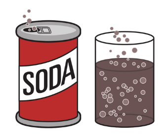A can of soda, opened and poured into a glass.