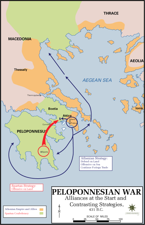 Map of the Peloponnesian War Alliances at the Start and Contrasting Strategies, 431 BCE