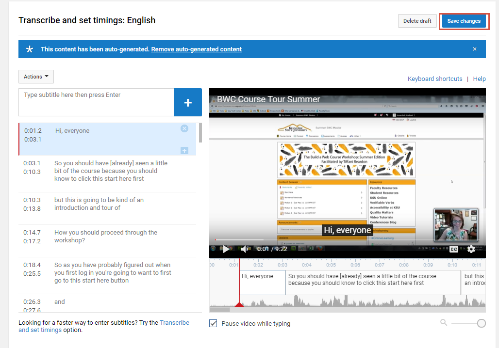 The YouTube captions editing page. Save changes is highlighted.