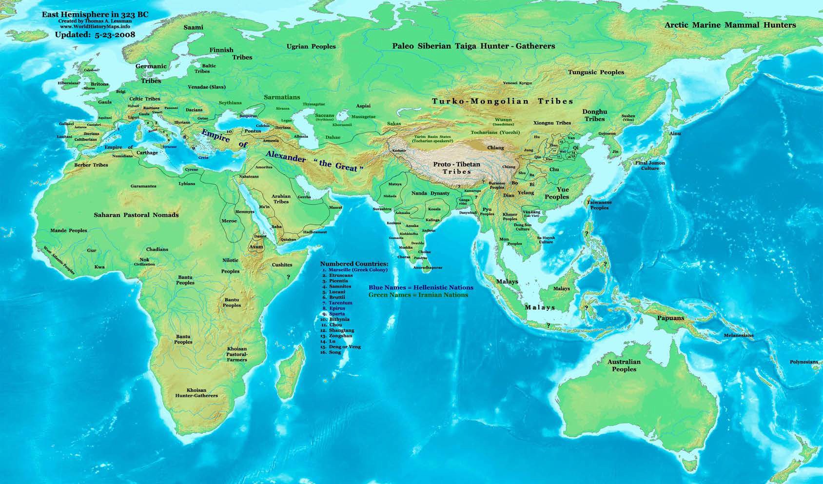 Map of Afro-Eurasia in 323 BCE